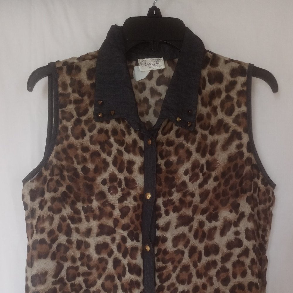 Lavish Sheer Sleeveless Button up Jean collar